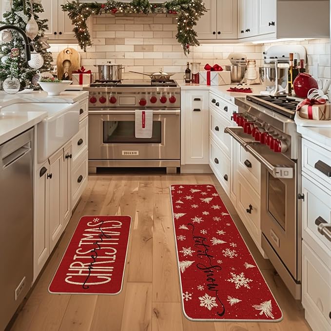 Artoid Mode Xmas Trees Snowflake Let It Snow Merry Christmas Kitchen Mats Set of 2, Winter Decor Low-Profile Kitchen Rugs - 17x29 and 17x59 Inch