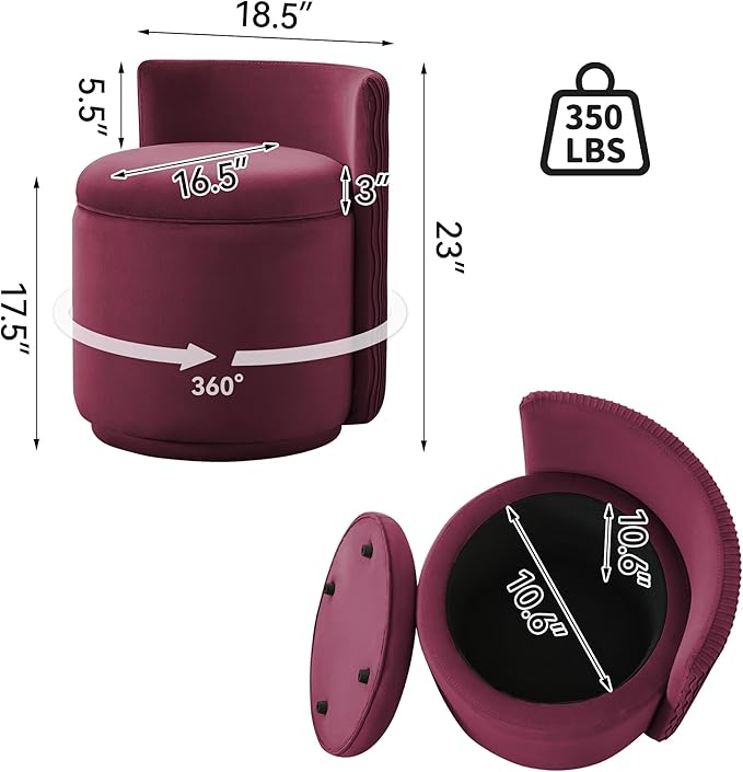 Velvet Vanity Chair with Storage, 360° Swivel Makeup Chair with Wave Back, No Assembly Small Accent Stool for Bedroom, Dressing, Living Room, Burgundy