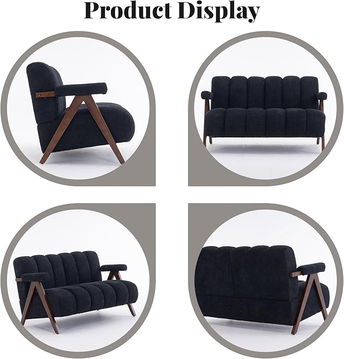 Mid Century Modern Accent Chair Loveseat Sofa with Solid Wood Frame, Boucle Upholstered Living Room Chairs with Thick Cushion, Comfy Tufted Arm Chair for Bedroom, Black