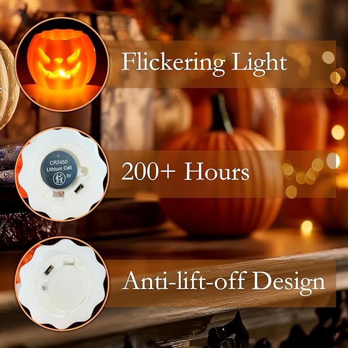 Homemory Real Wax Pumpkin Ghost Lamp, 4 Pcs Flickering Flameless Candles with 6hrs Timer, Spooky Halloween Pumpkin Candles, LED Battery Operated Lights for Home Halloween Decor, Theme Party