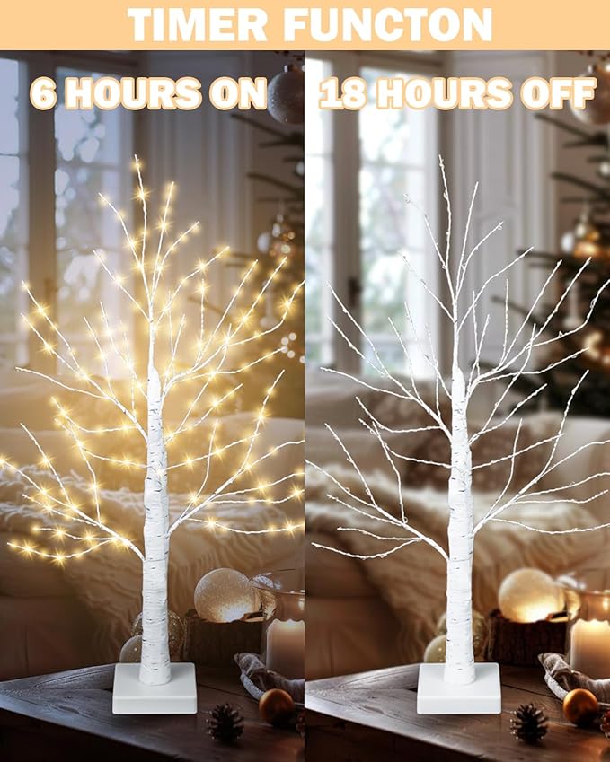 24 Inch Birch Tree with 144 LED Lights, Artificial Lighted Mini White Light Up Tree with Timer for Christmas Indoor Home Mantle Tabletop Centerpiece Decor