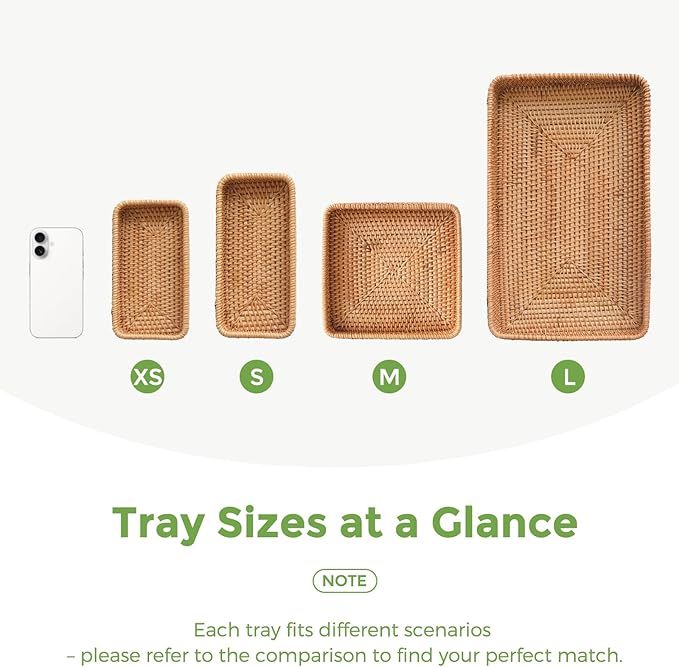 Small Rattan Serving Tray, Natural Wicker Decorative Tray for Trinket Ring Cosmetic, Rectangular Keys Basket Jewelry Perfume Trays for Coffee Table Entryway Living Room(10" × 5.1")