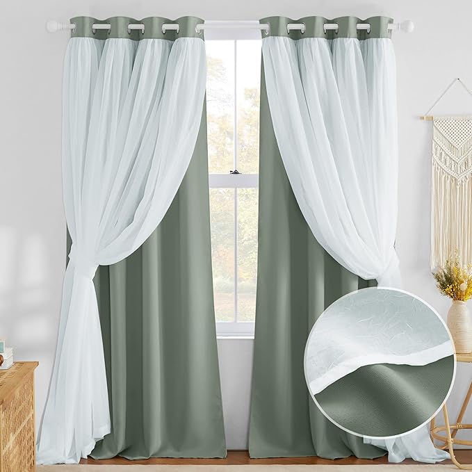 NICETOWN Blackout Curtains 84 inches Long for Bedroom Decor, Sage Green Farmhouse Country Double Layer Curtains with White Crushed Sheer Overlay for Nursery/Loft, 52" Wide x 84" Long, Set of 2