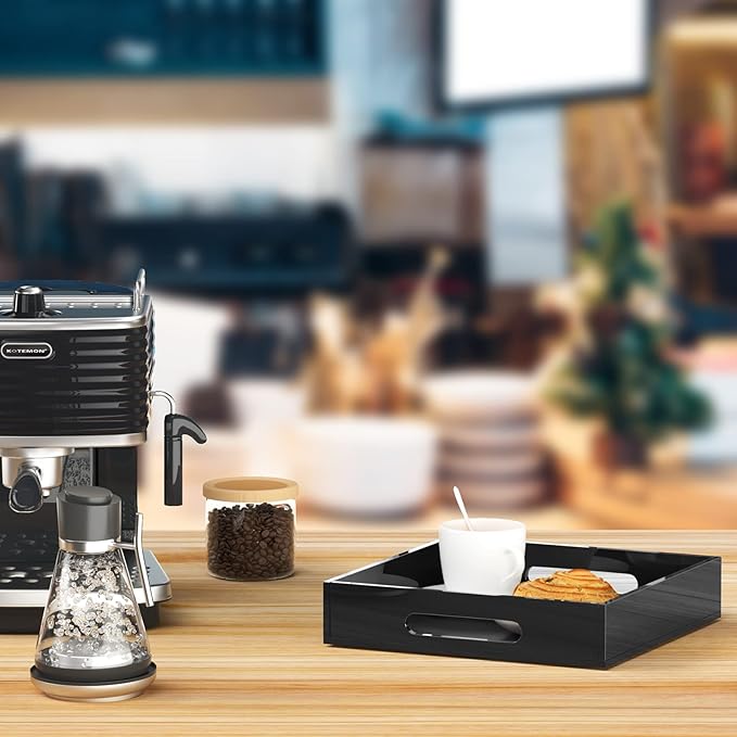 Acrylic Serving Tray with Handles-12x12x2.36Inch-Decorative Tray Letter Tray Organizer for Ottoman Coffee Table Countertop, Black