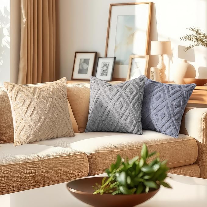 decorUhome Couch Throw Pillow Covers 16x16 Set of 2, Decorative Soft Plush Faux Wool Neutral Accent Pillow Covers for Bed Sofa Living Room, Light Khaki