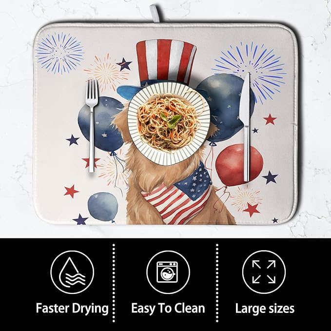 4th of July Patriotic Dog Dish Drying Mat 16 x 18 Inch US Independence Day Blue White Red Kitchen Drying Mat Firework Holiday Dish Drainer Mats Super Absorbent Dish Rack Pad for Kitchen Counter