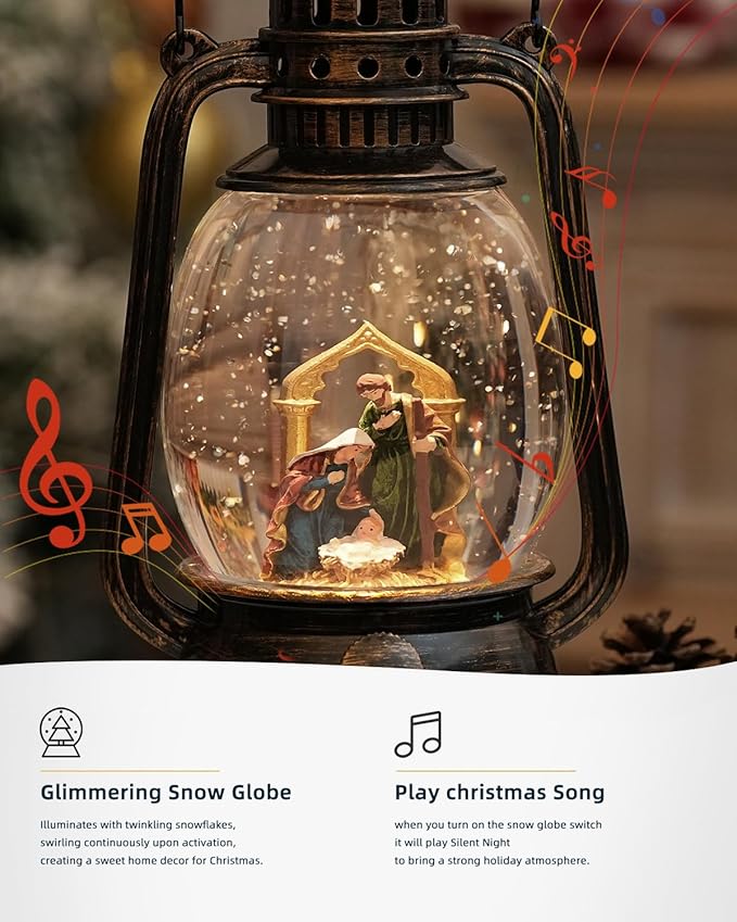 Christmas Nativity Snow Globe,Musical Lighted Glitter with 6H Timer Christmas Decorations Nativity Scene Snow Globe Religious Christmas Decor with Gift Box
