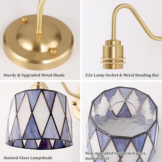 Vintage Battery Operated Wall Sconce Set of 2, 5000mAh Rechargeable Wall Lamp 12 RGB Colors Dimmable, Gold Lights Fixture for Bedroom Bathroom Living Room Hallway Twilight Blue Checker