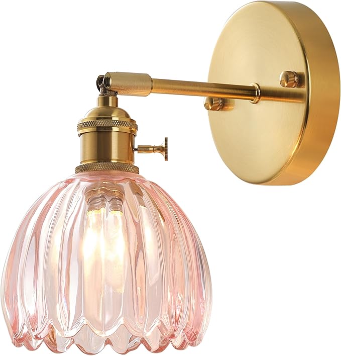 Plug in and Hardwired Wall Sconces, Luxury Vintage Tulip Crystal Glass Shade Wall Light with Switch for Bedside Bedroom Living Room (Tulip-Pink, 1)