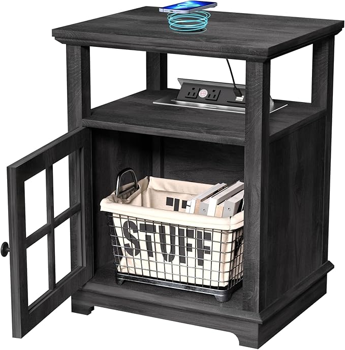 HIFYOBRO 18'' End Table with Charging Station, Adjustable Shelf & Storage, Modern Farmhouse Nightstand for Bedroom, Living Room, Office
