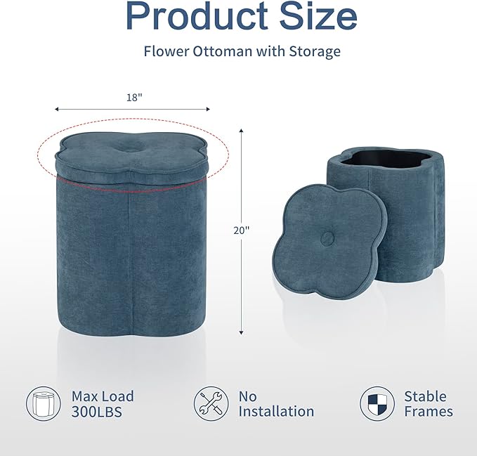 Crestview Collection Flower Pouf Ottoman with Storage,Chenille Fabric Foot Rest for Couch, Small Mordern Footstool for Vanity, Bedroom, Living Room,Under Desk, Navy Blue,18 inches