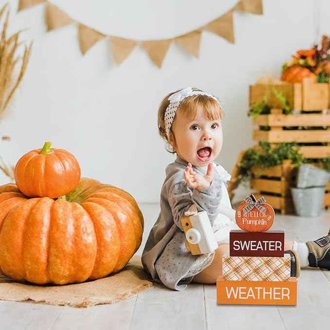 4 Pcs Pumpkin Fall Decor Fall Tiered Tray Decor Autumn Wooden Sign Hello fall Table Decoration Rustic Block Signs Centerpieces Wood Farmhouse Vintage Ornaments Gift for Thanksgiving Home Kitchen