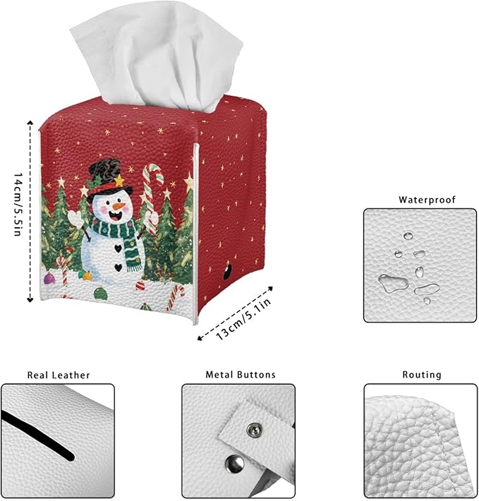 Christmas Tissue Box Cover Square Facial Tissue Holder Storage for Bedroom Bathroom Night Stand Car Modern Home Decorative with Buttons Cute Snowman Napkin Case Covers
