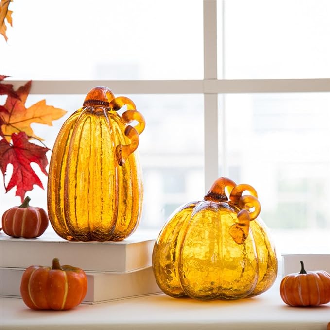 Glitzhome 9.06" Amber Hand Blown Crackle Glass Pumpkin for Fall Harvest Thanksgiving Halloween Decoration