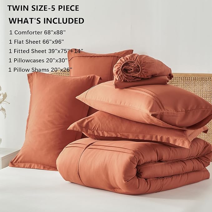 Yogeneg Twin Comforter Set 5 Piece Bed in a Bag,Grid Pinch Pleat Terracotta Bedding Set,Striped Textured Soft Microfiber Comforter with Sheet Set,All Season Complete Bed Set(Terracotta,Twin)