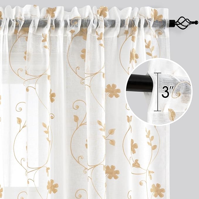 HOMEIDEAS Yellow Sheer Curtains 84 Inches Long 2 Panels Yellow and White Embroidered Floral Pattern Semi Sheer Window Curtains for Bedroom Living Room