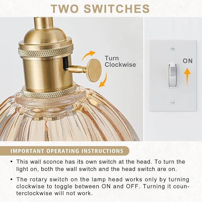 Wall Sconces Set of Two Hardwired, Vintage Sconce Light with Tulip Amber Glass Lampshade, Bathroom Wall Lights with Switch, Gold Wall Light Sconces Wall Decor Set of 2