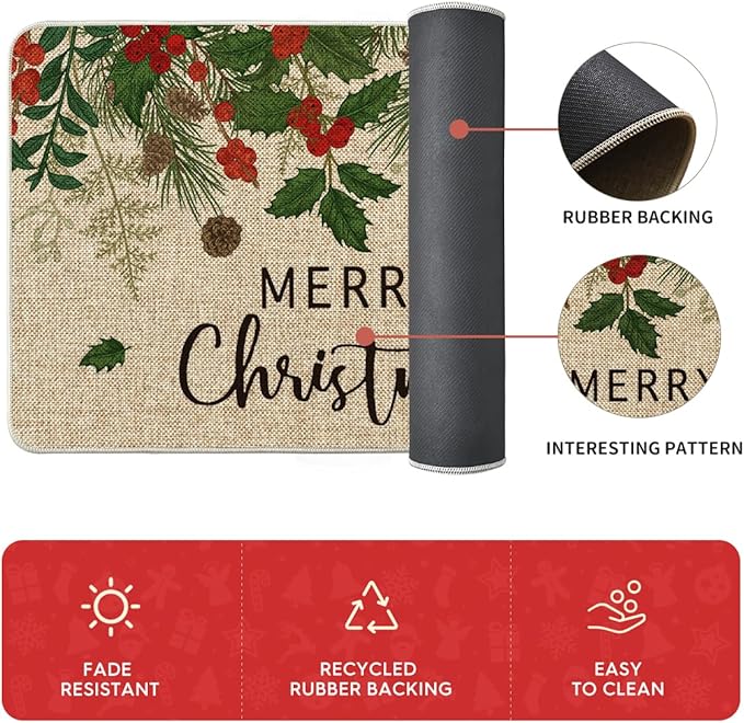 Artoid Mode Leaves Holly Merry Christmas Kitchen Mats Set of 2, Winter Home Decor Low-Profile Kitchen Rugs for Floor - 17x29 and 17x59 Inch