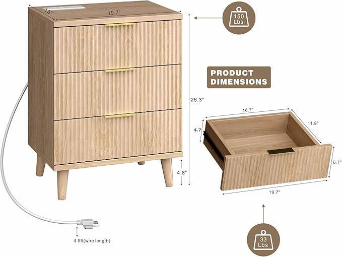 Fluted Night Stand Set of 2 with USB Charging Station, 3-Drawer Dresser Wood Modern Night Stand Bedside Table with Quiet Drawers & Large Storage End Table for Bedroom