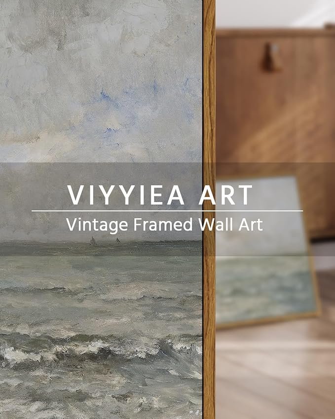 VIYYIEA Ocean Framed Wall Art, Seascape Vintage Art Decor Room Aesthetic, 12x16 Inch Canvas Print Artwork, Calming Landscape Painting Wall Decor for Bedroom Bathroom Office