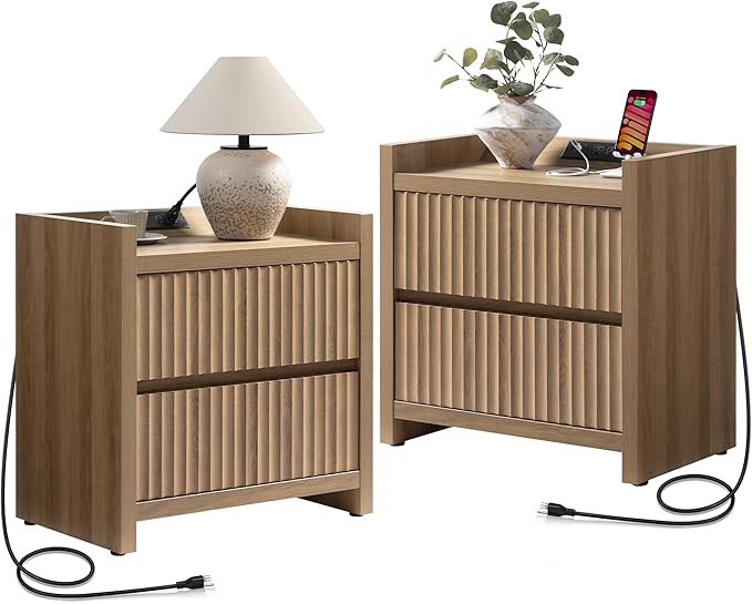 SICOTAS Fluted Night Stand Set 2 - Nightstands with Charger Station, Large Modern Bedside Table End Table with 2 Drawers, 25" Wide Farmhouse Nightstand for Bedroom (Caramel Oak, 2 Pieces)