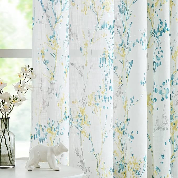 Tree Semi Sheer Curtains for Living Room Bedroom Teal Yellow and Grey Branch on White Window Curtains 63 inch Long Watercolor Print Curtain Panels Grommet Top 2pcs