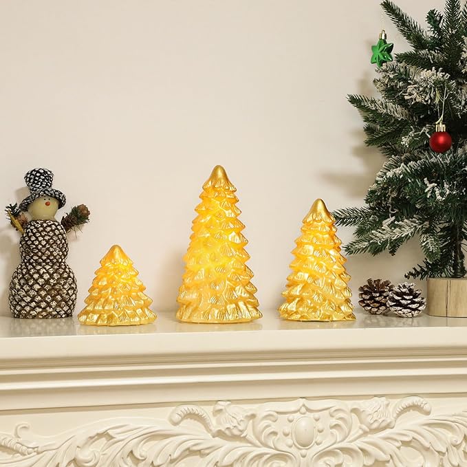 Christmas Flameless Candles Gold Christmas Tree Tabletop Flickering LED Warm Light Battery Operated Candle with Remote Lighted Xmas Tree Figurines for Fireplace Home Decor Indoor Holiday Gifts