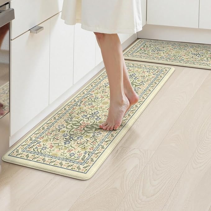 Collive Anti Fatigue Mat for Kitchen Floor, Spring Floral Kitchen Mats for Floor Set of 2, Beige Cushioned Waterproof Sink Rugs Non Slip Comfort Standing Rug for Office, Laundry, Desk