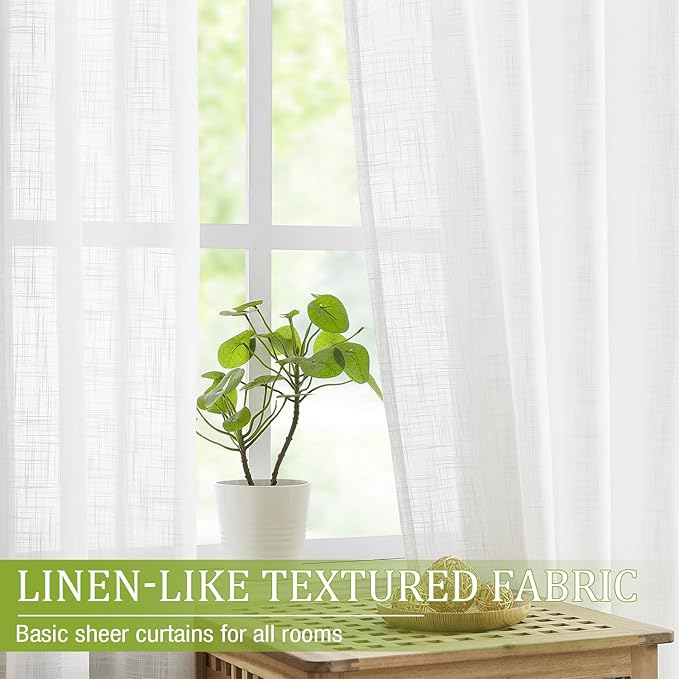 White Sheer Curtains for Living Room 72" Long Wrinkle Free Linen Textured Window Drapes for Bedroom Not See Through Light Filtering Curtain Panels 54”w x 1 Pair Rod Pocket