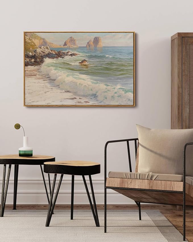 KISSFOX Vintage Ocean Canvas Wall Art Framed Nature Coastal Beach Seascape Paintings Prints Gallery Artwork Aesthetic Pictures Decor Living Room Bathroom Office Bedroom