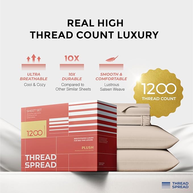 THREAD SPREAD 100% Egyptian Cotton Sheets California King Size - 1200 Thread Count 4 PC Cal King Sheet Egyptian Cotton, Cooling Sateen Sheet, High TC Sheets California King, Fits Upto 19" - Taupe