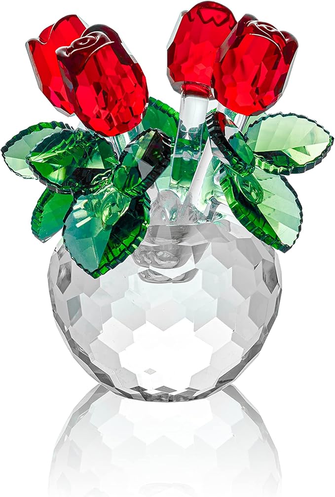 HomeRoots Crystal Red Rose Bouquet Figurine - Glass Flowers for Home Decor & Special Occasions - Unique Collectible Roses Ornament | Romantic Gifts for Her on Valentine's, Christmas, Anniversary