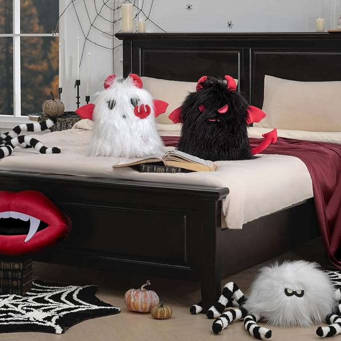 Ashler Ghost Pillow - Cute Shaped Throw Pillow for Halloween, Black Fur Devil 3D Halloween Pillow with Tail, Ideal Gift for Halloween Decor, 14x10.5 inches