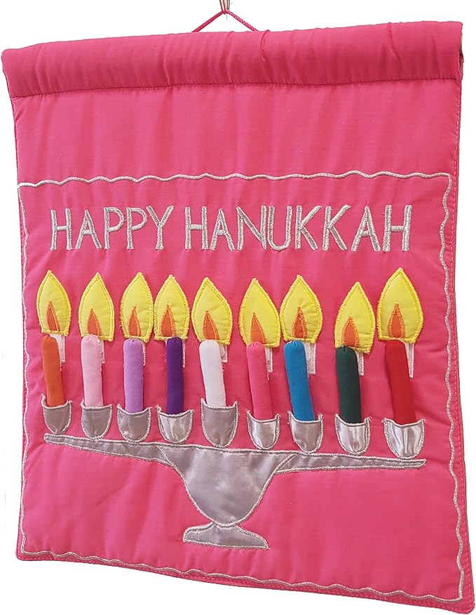 Jewish Happy Hanukkah Menorah Wall Hanging by Pockets of Learning | Brit Bat Gift, Festive Hebrew Holiday Décor, Judaica Fabric Advent Calendar | Chanukah Cloth Countdown with Candles and Pouch Pink
