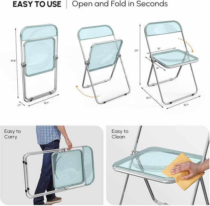 VINGLI Acrylic Folding Chairs 2 Pack, Clear Chair Foldable and Stackable, Plastic Panel & Metal Chrome Frame, Weight Capacity 350 lbs, Blue Green
