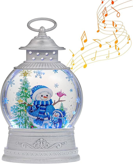 Christmas Snow Globes Lantern, Lighted Blue Snowman Decor with Music Timer Swirling Glitter Snow Globe Penguin Christmas Tree, USB or Battery Operated