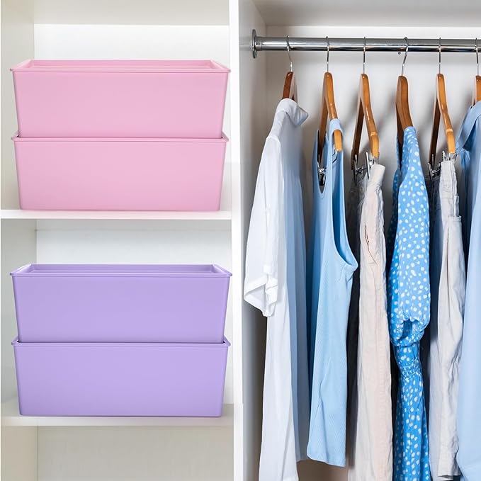 Menkxi 4 Pcs Storage Bins with Lids Plastic Containers Stackable Storage Box Baskets for Organizing Shelves (Pink, Purple,Large)