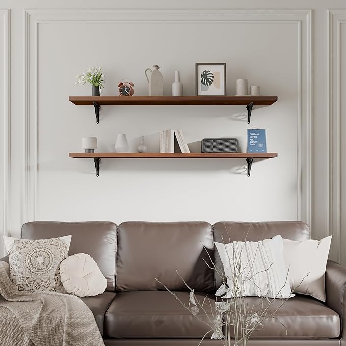 48 inch Long Floating Shelves for Wall,Solid Pine Wood Long Wall Shelves Set of 2,Walnut Color Bookshelf with Retro Iron Brackets for Living Room,Kitchen,Bathroom