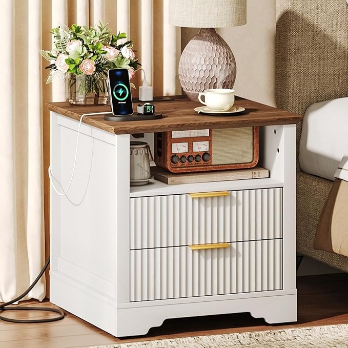 Farmhouse Fluted End Table with Charging Station, 24'' Sofa Side Table with 2 Drawers, Farmhouse Bedside Table with Storage, Large Nightstand for Bedroom, Living Room, White and Walnut