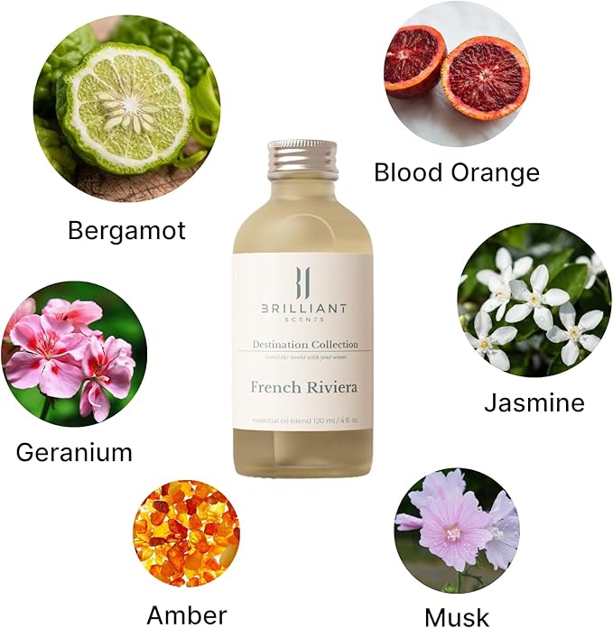 Brilliant Scents French Riviera Fragrance Oil 120ml - Premium Diffuser Oil for Home, Office, Hotels - Long Lasting, Plant-Based, Meets IFRA Standards, USA-Made - Blood Orange, Jasmine, Tonka Bean