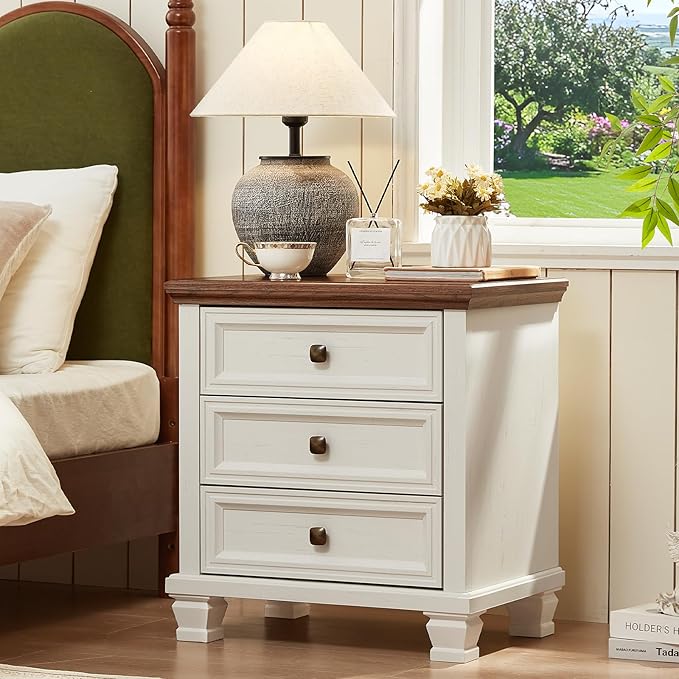 Farmhouse Nightstand with 3 Drawers, Rustic Couch End Table with 4 Square Solid Wood Legs, Mid-Century Modern Bed Side Table with Storage, Small Dresser for Bedroom, Living Room, White