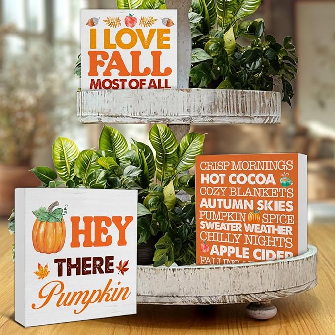 3 Pcs Fall Wood Signs Decor Autumn Wood Block Signs Farmhouse Fall Pumpkins Leaves I Love Fall Most of All Wooden Box Signs Home Decorations for Kitchen Tiered Tray Desk Table Shelf