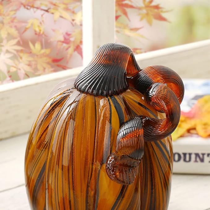 Glitzhome 4.33" Decorations Glass Pumpkin Amber Striped Pumpkin Thanksgiving Fall Harvest Ornaments