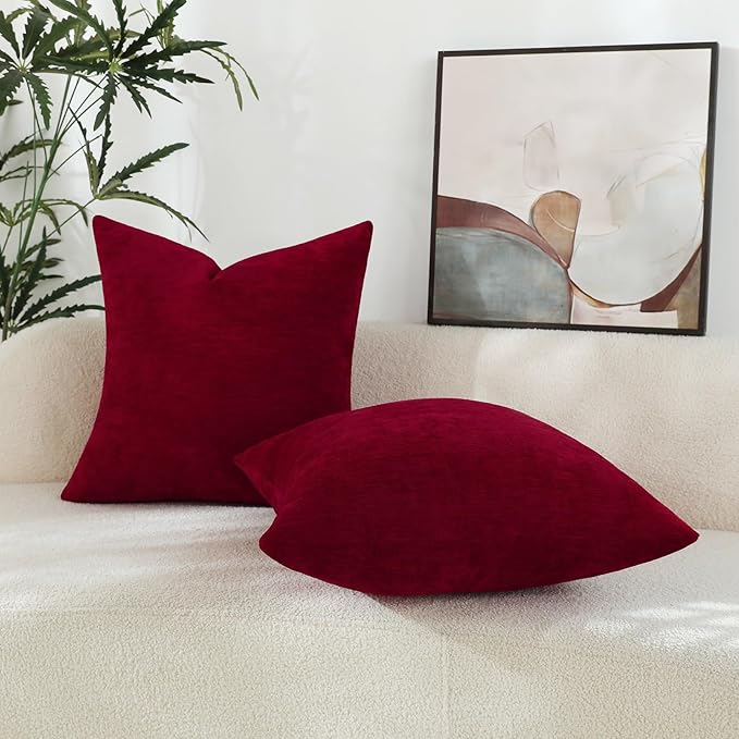 Santa Red Chenille Decorative Couch Throw Pillow Covers, Soft Cushion Cases for Home Livingroom Sofa Décor, Pack of 2, 20 x 20 Inches