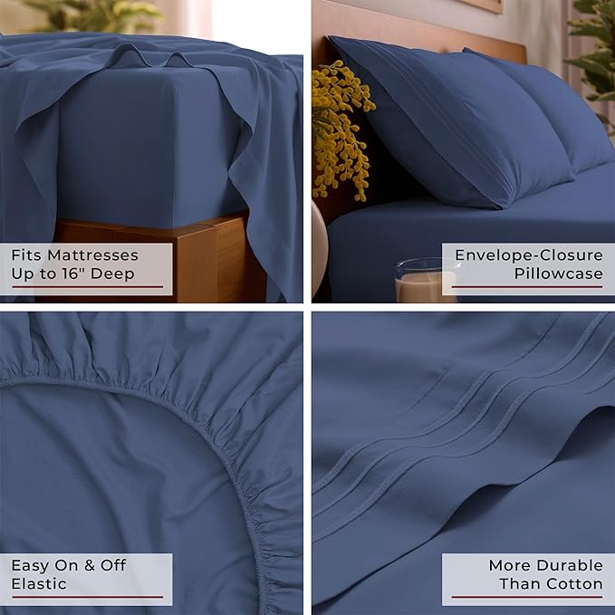Mellanni Queen Sheets Set - 4 PC Iconic Collection Bedding - Hotel Luxury, Extra Soft, Cooling Bed Sheets - Wrinkle, Fade, Stain Resistant (Queen, Blue Nova)