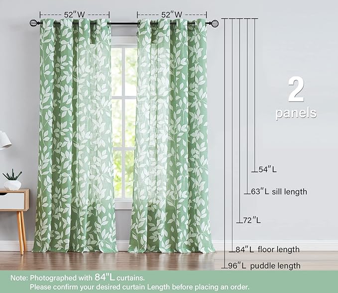 White Green Curtains for Living Room 72" Length Leaf Print Semi-Sheer Curtains for School Bedroom Windows, Grommet Top, 2 Pack