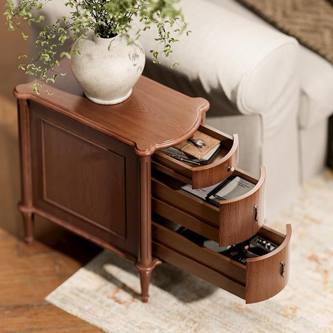 STO'SENSE Nightstand Set of 2 w/Charging Station & 3 Drawers, Pre-Assembled, Vintage Side Table w/Antique-Finished Pulls, Rustic Wood Finish, Narrow End Table w/Turned Legs for Bedroom, Brown