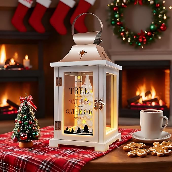 Ceramic Christmas Tree That Light up for Table Centerpieces, Modern Farmhouse Lantern Decor Indoor, Hanging Candle Lantern for Home, Holidays Tabletop Décor Gift, Xmas Tree Figurine