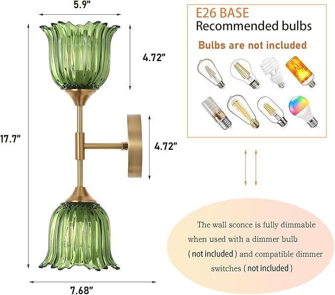 2-Lights Gold Wall Sconce with Green Glass Shades Modern Mid Century Bathroom Vanity Wall Light Fixtures Industrial Brushed Brass Wall Lamp for Bedroom Mirror Living Room