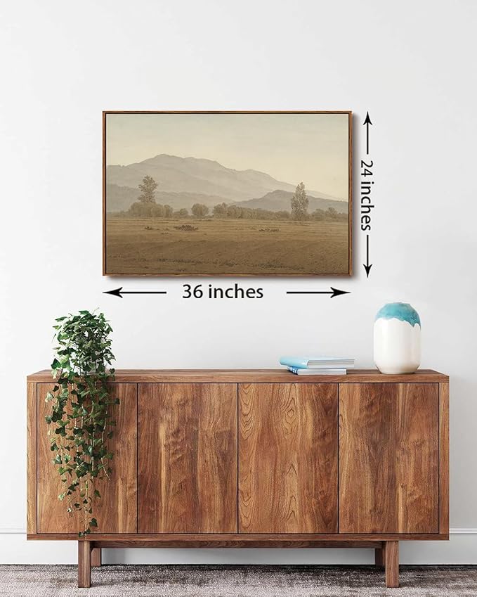 KISSFOX Vintage Landscape Framed Wall Art Grassland Mountain Canvas Wall Art Minimalist Neutral Farmhouse Serene Countryside Paintings Artwork Rustic Art Prints For Bedroom Living Room